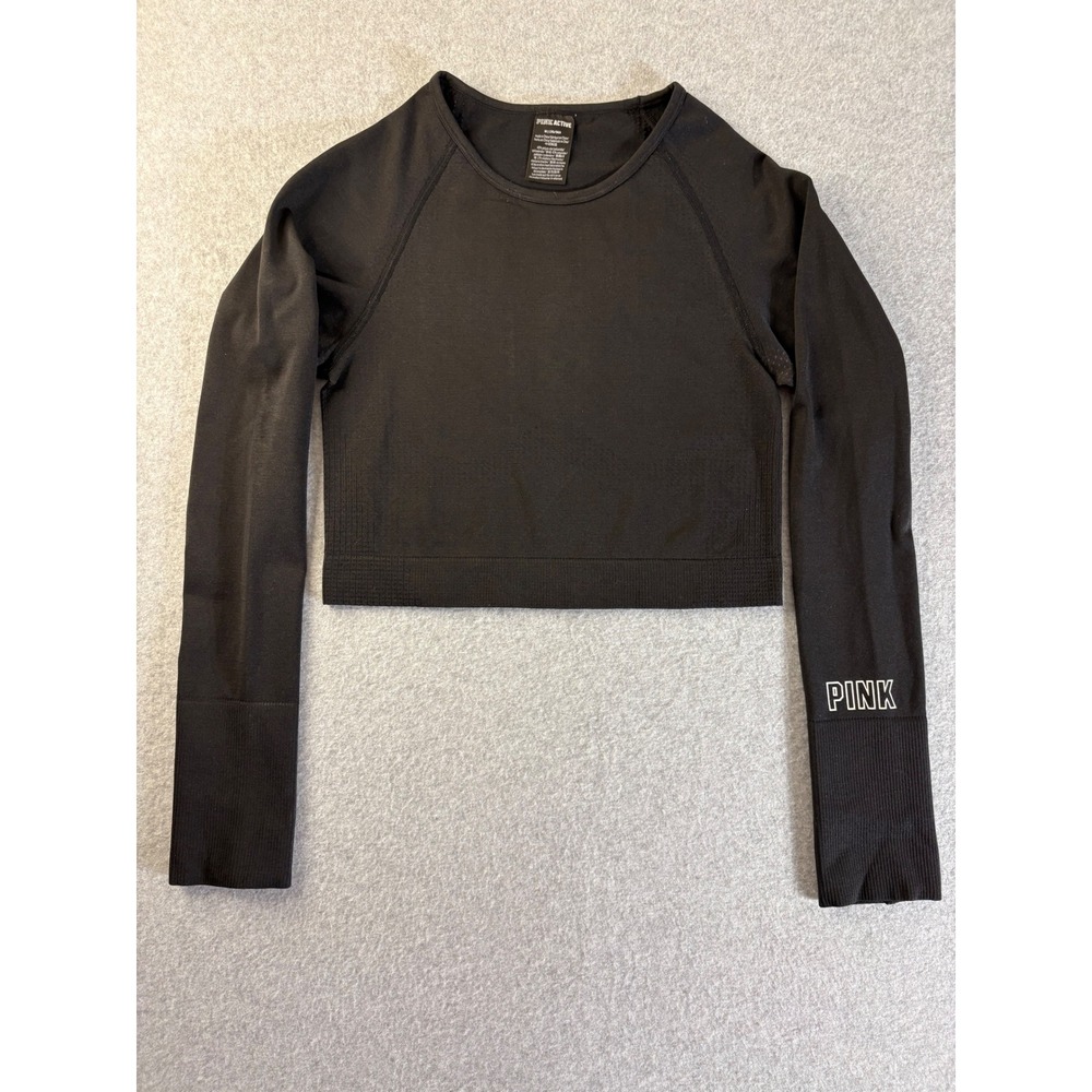 Pink Active Victorias Secret Black Long Sleeve Crop Top Workout Shirt Medium